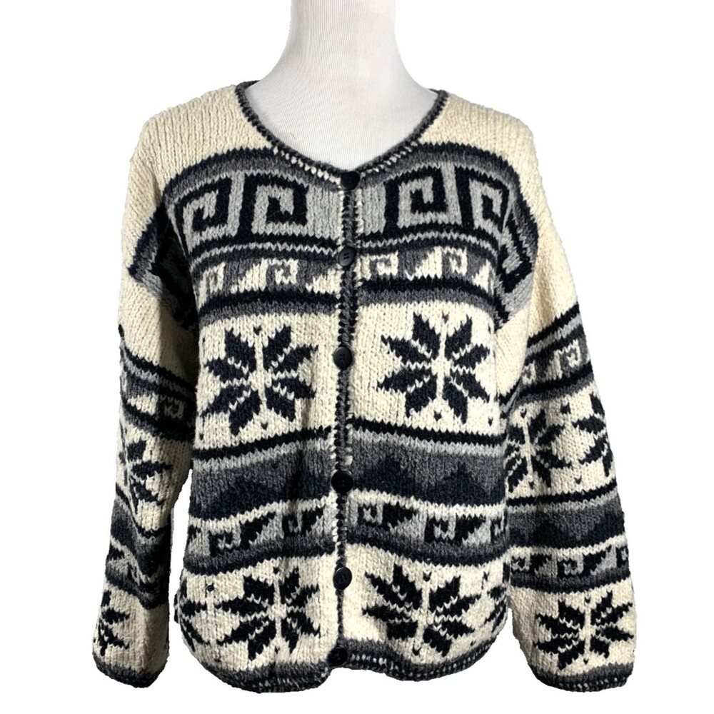 Peruvian Trading Co 100% Alpaca Cardigan Sweater Size L (est) Chunky Knit